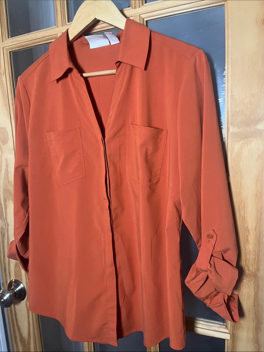 Chico's Button down Roll Tab Sleeve shirt top burnt orange, size 1 = medium